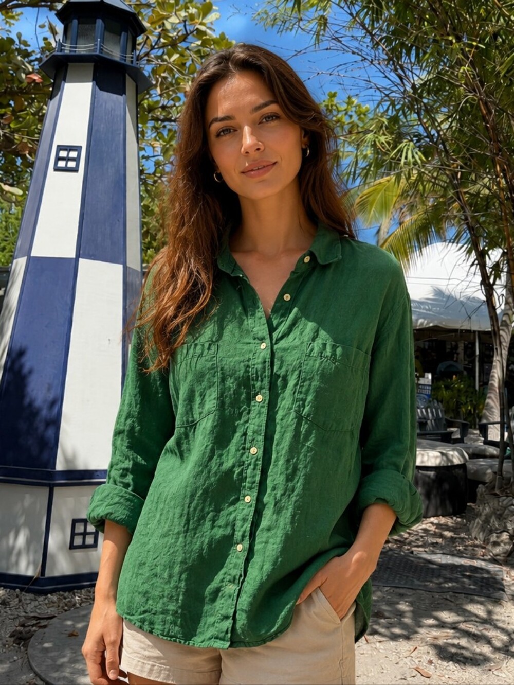 Talbots Women's Green Button Down 100% Linen Shirt Size Large